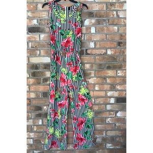 Me 2 Magic Women’s Black Striped Floral Jumpsuit Size Small